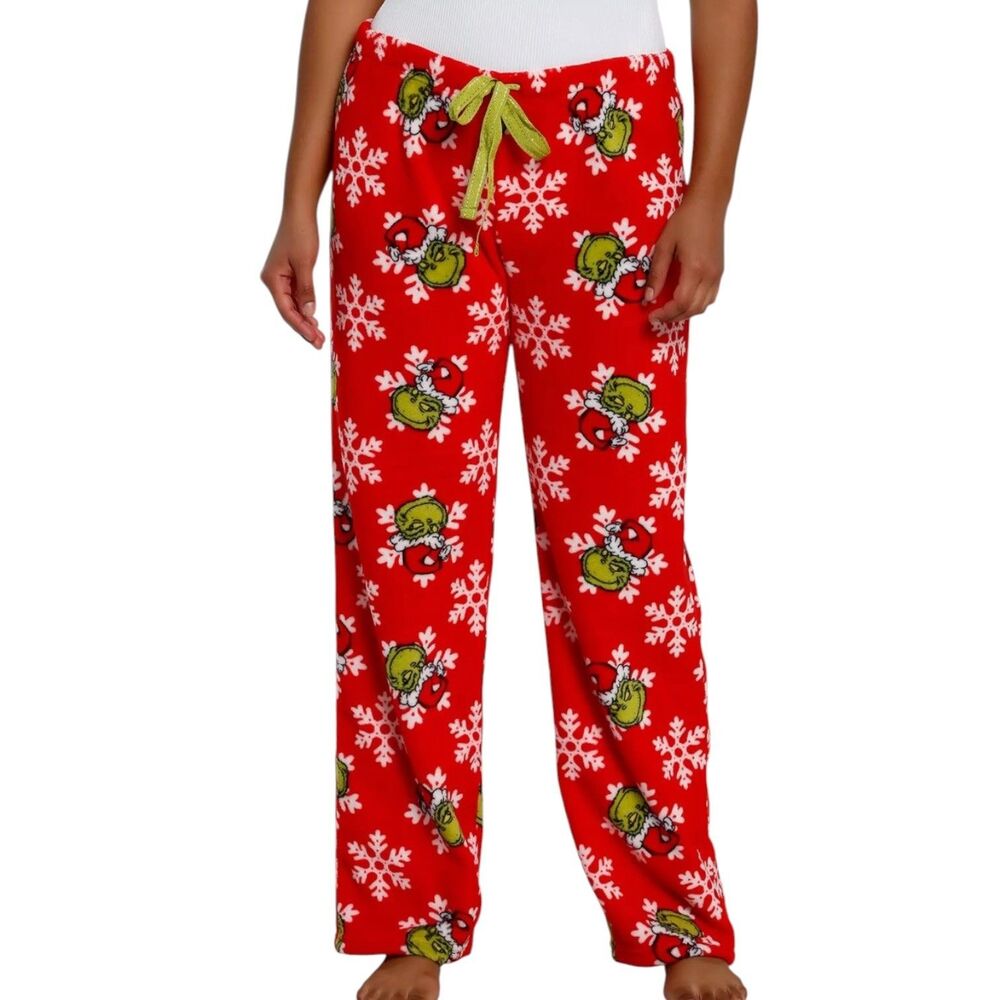Dr Seuss The Grinch Snowflake Fleece Pajama Pants Hot Topic Red Green Women L